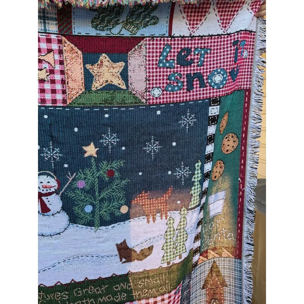 Christmas Tapestry Throw Blanket Snowman Forest Animals Farmhouse Lodge 50x48